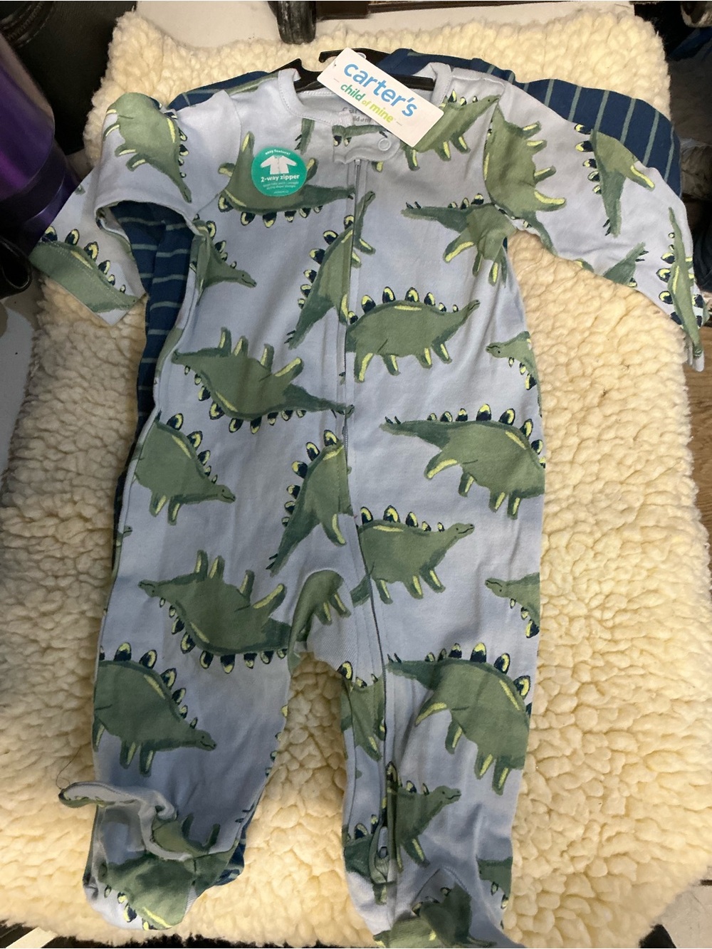Carter's Green Dinosaur Print Footed One-Piece on Light Blue